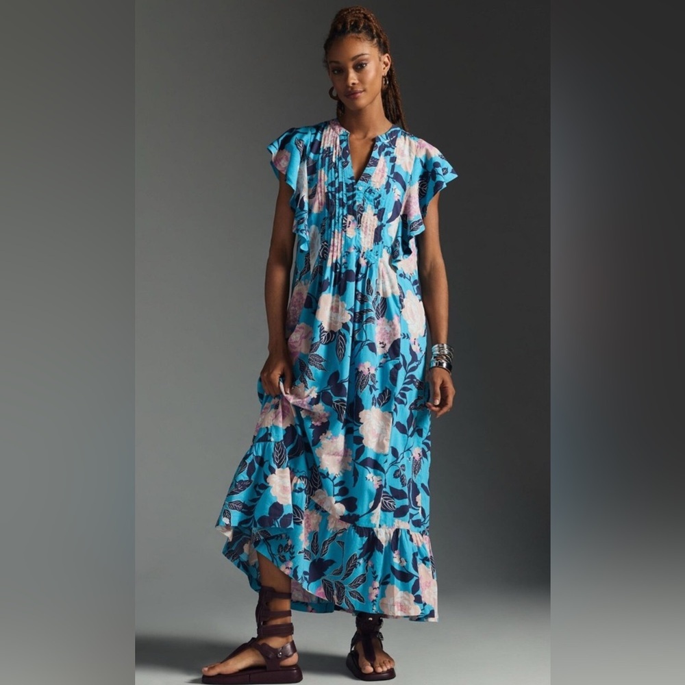 Blue Floral Maxi Dress with Flutter Sleeves
